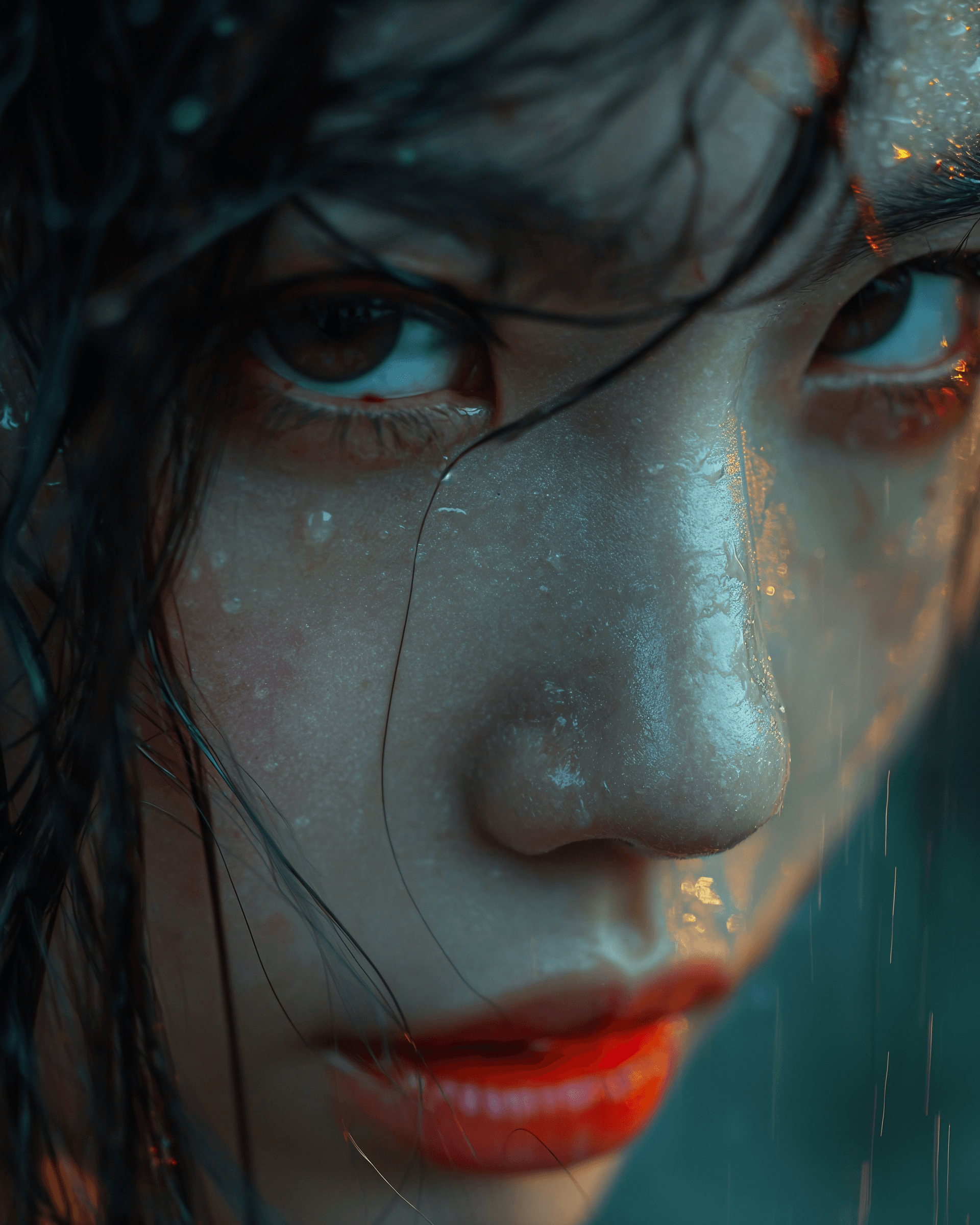 Midjourney prompt: dramatic shot green eye asian girl, wet hair, bloo... - Midjourney