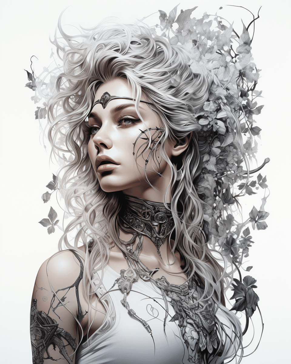 Midjourney prompt: a black and white tattoo on a woman, in the style ... - Midjourney