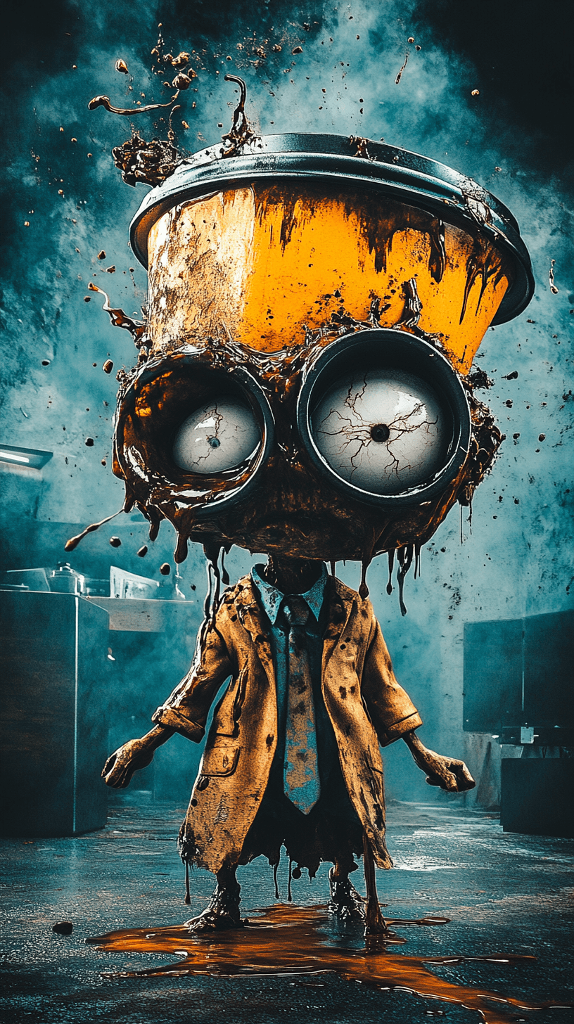 Midjourney prompt: A sleep-deprived humanoid creature with a coffee c... - Midjourney