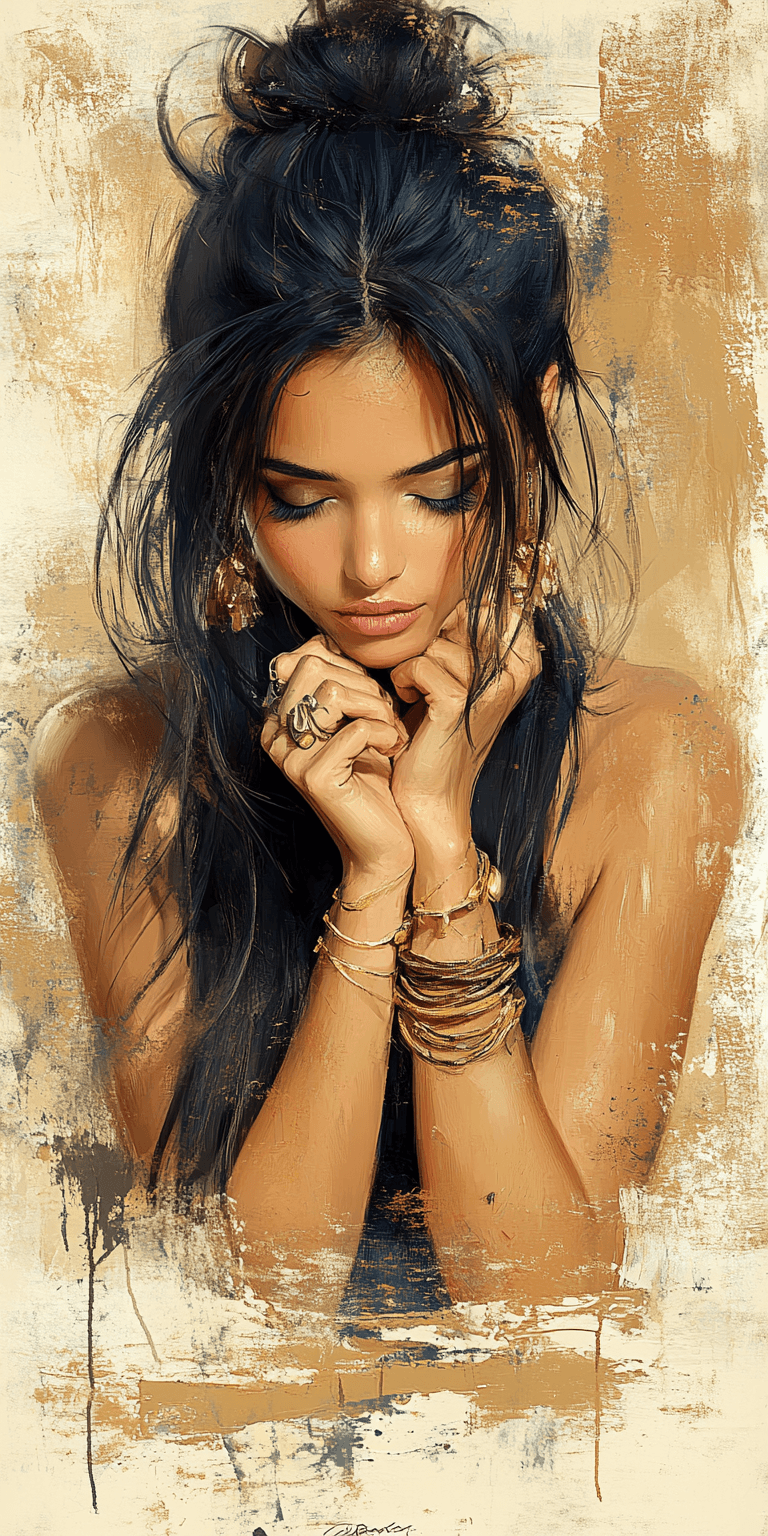Midjourney prompt: a woman with long black hair in a gold painting, i... - Midjourney