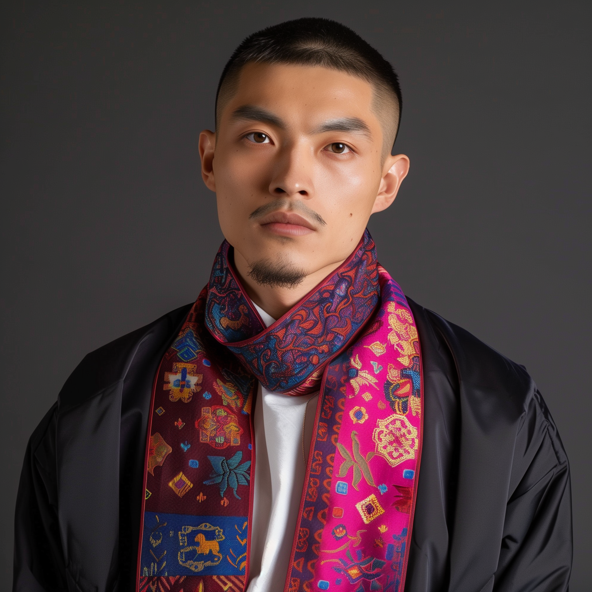 Midjourney prompt: A man wearing an ornamental neck scarf in dark pin... - Midjourney