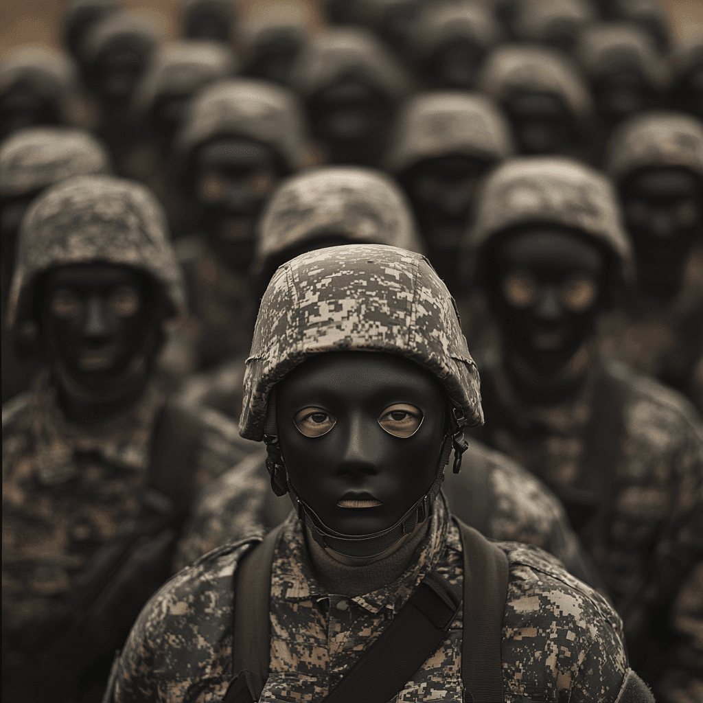 Midjourney prompt: an army of men from different races, all wearing t... - Midjourney