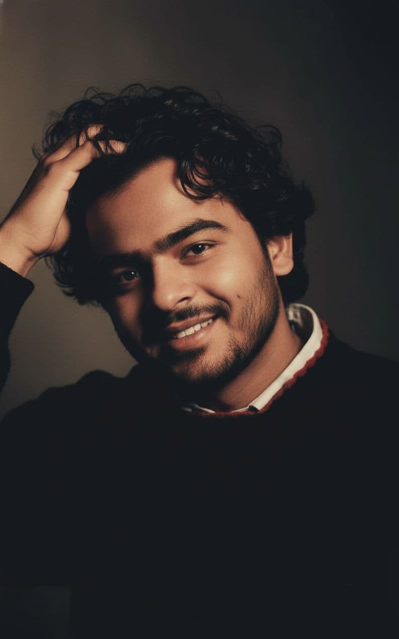 Nano Banana prompt: A young man with dark, curly hair and a short bear... - Nano Banana