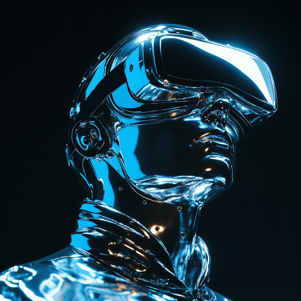 Midjourney prompt: portrait shot, chromed male cyborg with vr glasses... - Midjourney