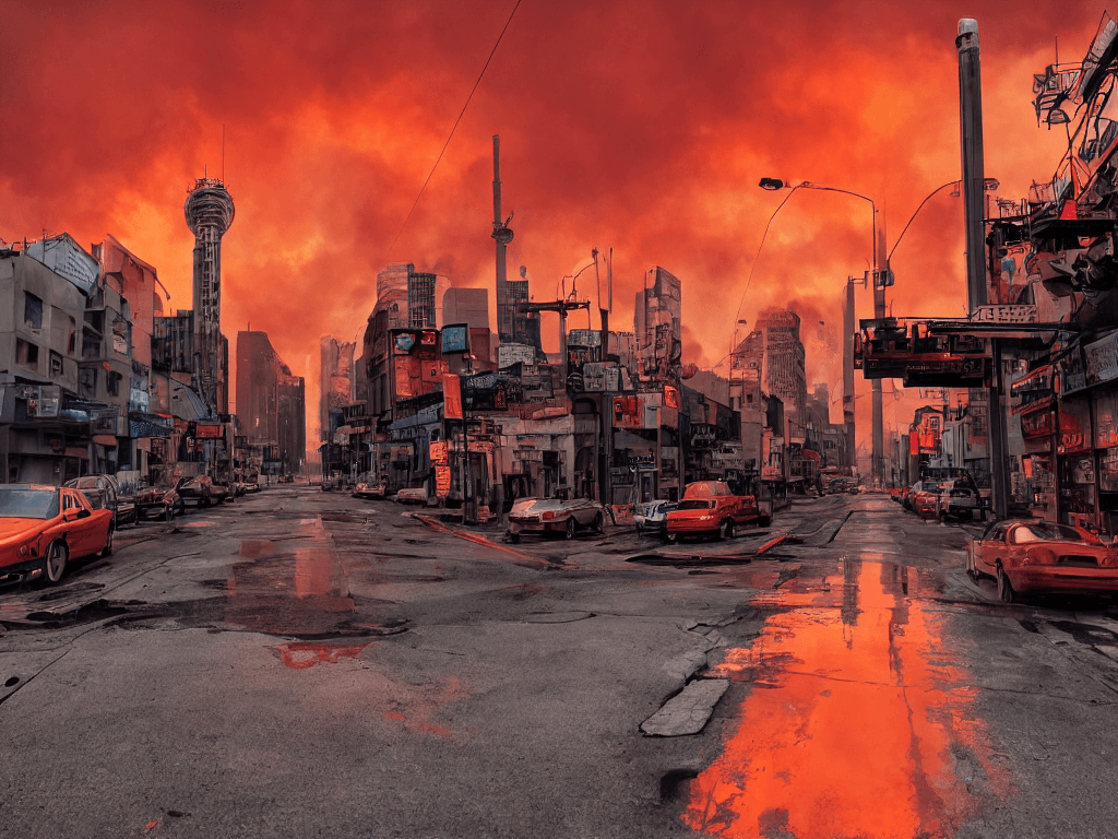 Stable Diffusion prompt: city street view with one tall antenna tower in th... - Stable Diffusion