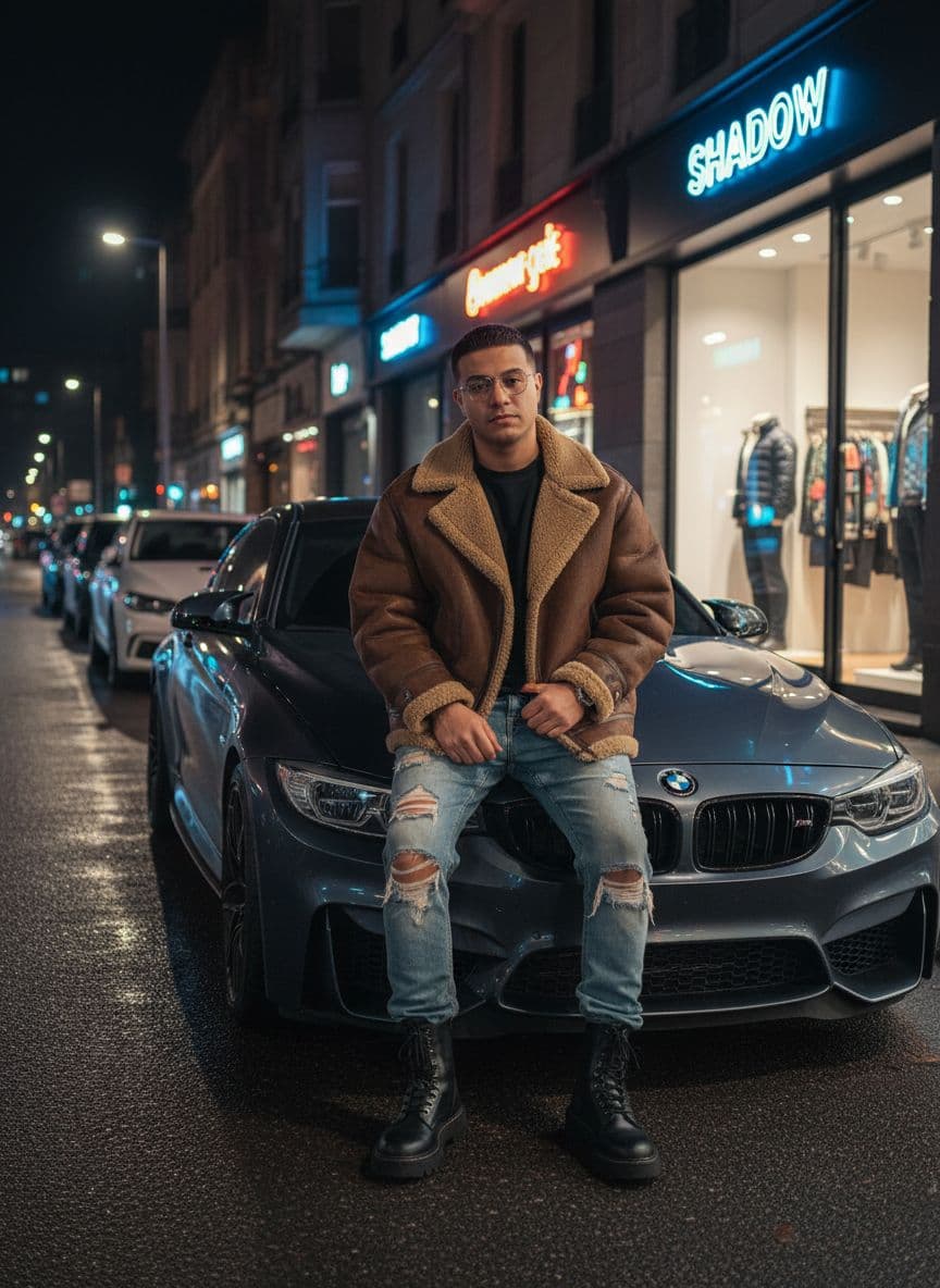 Nano Banana prompt: Male model seated on the hood of a BMW M4 parked n... - Nano Banana