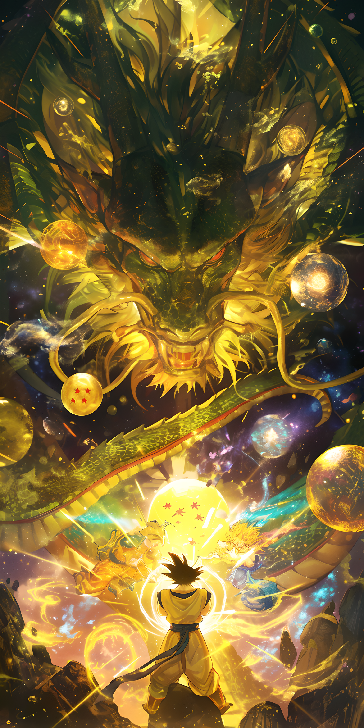 Midjourney prompt: Sun Wukong, surrounded by 7 Dragon Balls, golden r... - Midjourney