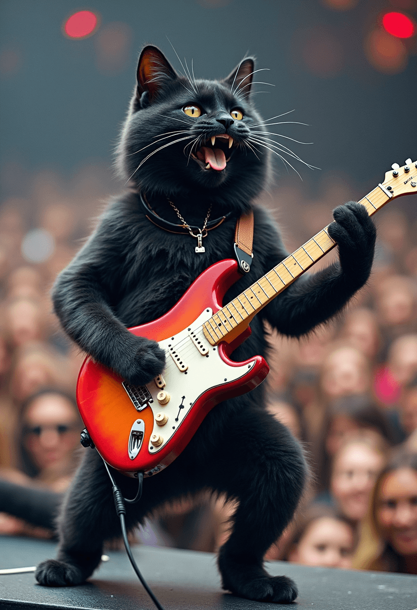 FLUX prompt: Real photograph of a black cat playing an electric... - FLUX