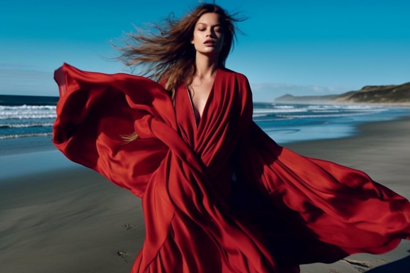 Midjourney prompt: a woman in a red dress walking on a beach, a pictu... - Midjourney