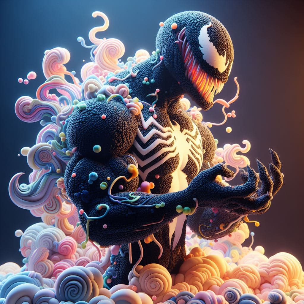 Midjourney prompt: Marvel Comics' Venom, a 4K, 3D revelation, standin... - Midjourney