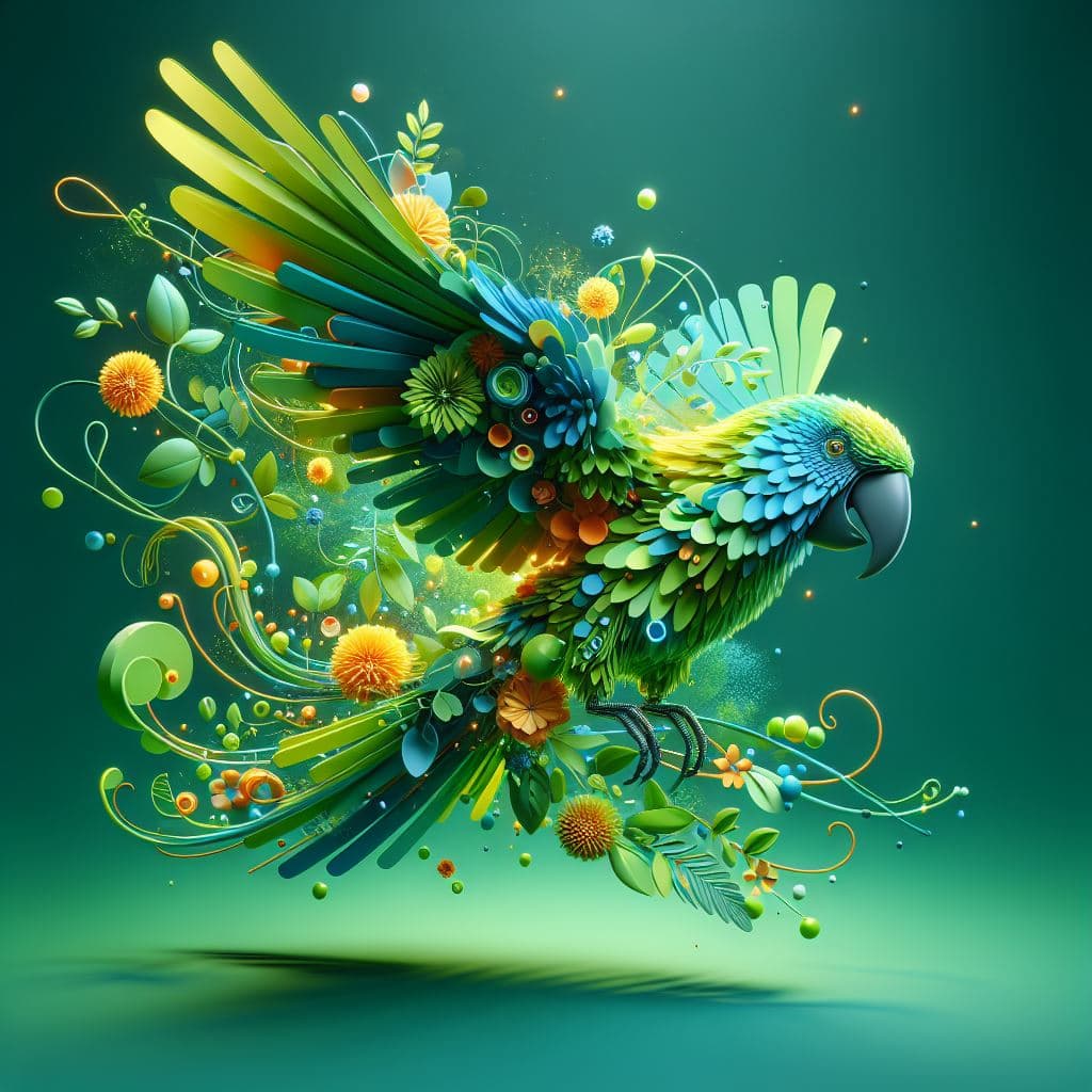 DALL·E prompt: abstract 3D shape flying parot, foliage and flower... - DALL·E