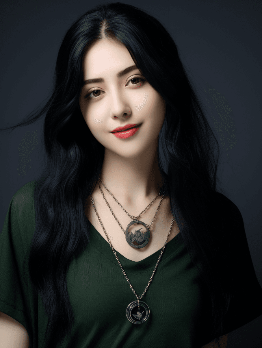 Midjourney prompt: a young lady with long black hair posing with a gr... - Midjourney
