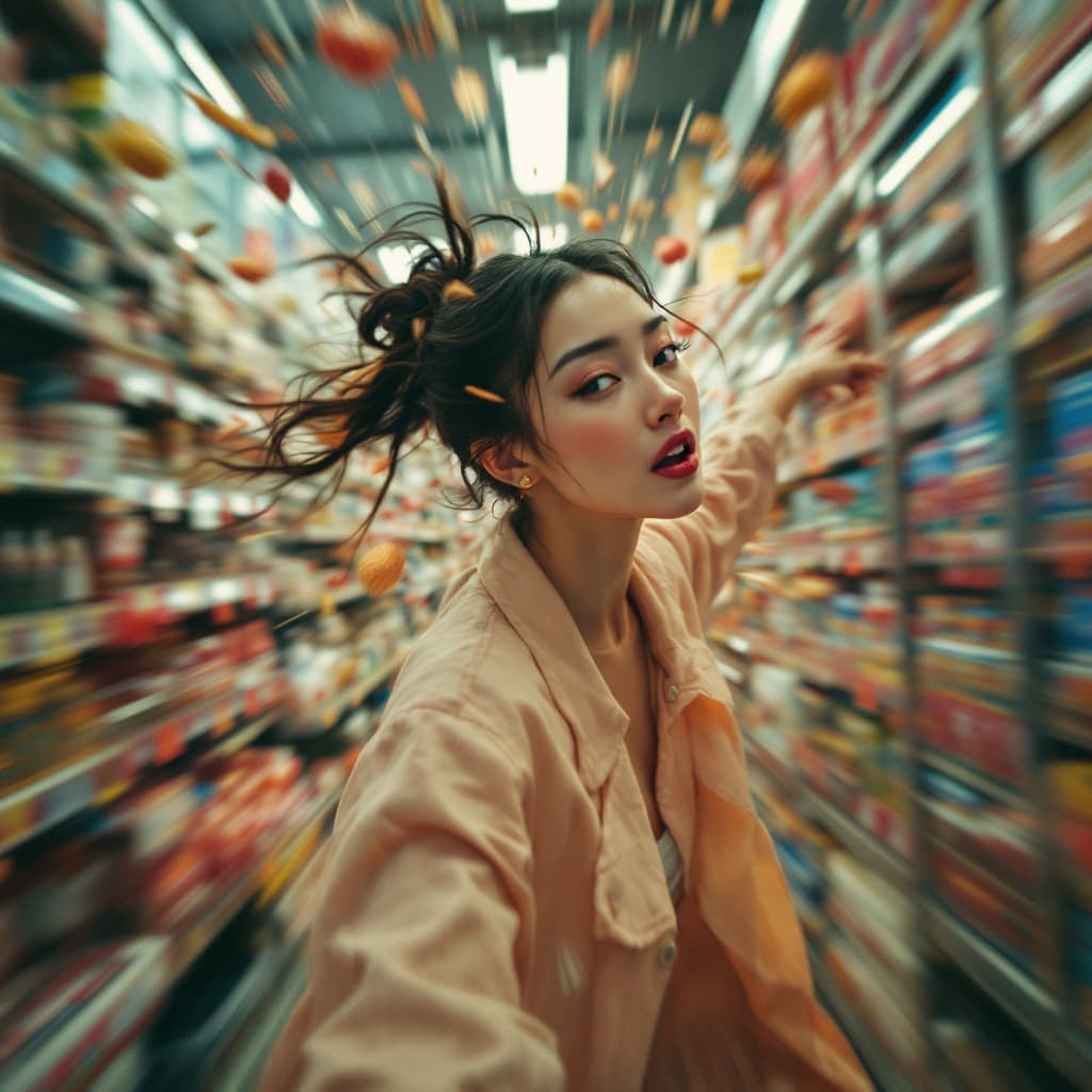 FLUX prompt: a woman speeding down the aisle of a supermarket, ... - FLUX