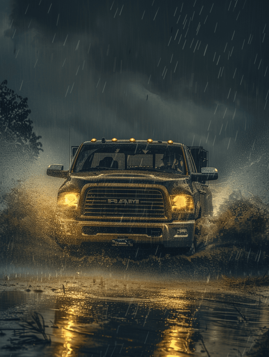 Midjourney prompt: a pdodge ram 2500, running, rain, realist, u4, Nik... - Midjourney