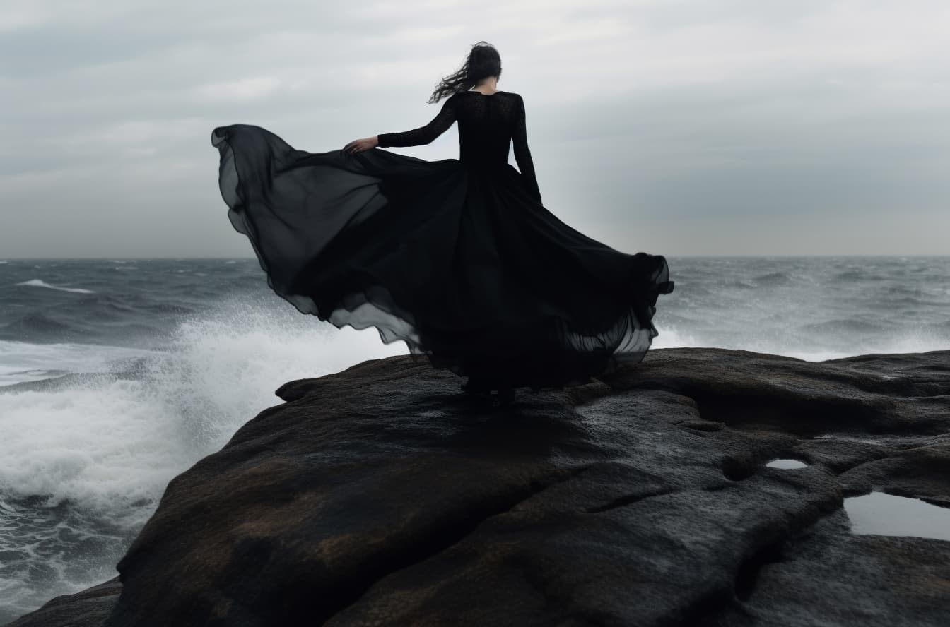 Midjourney prompt: a woman in a black dress standing on rocks near th... - Midjourney