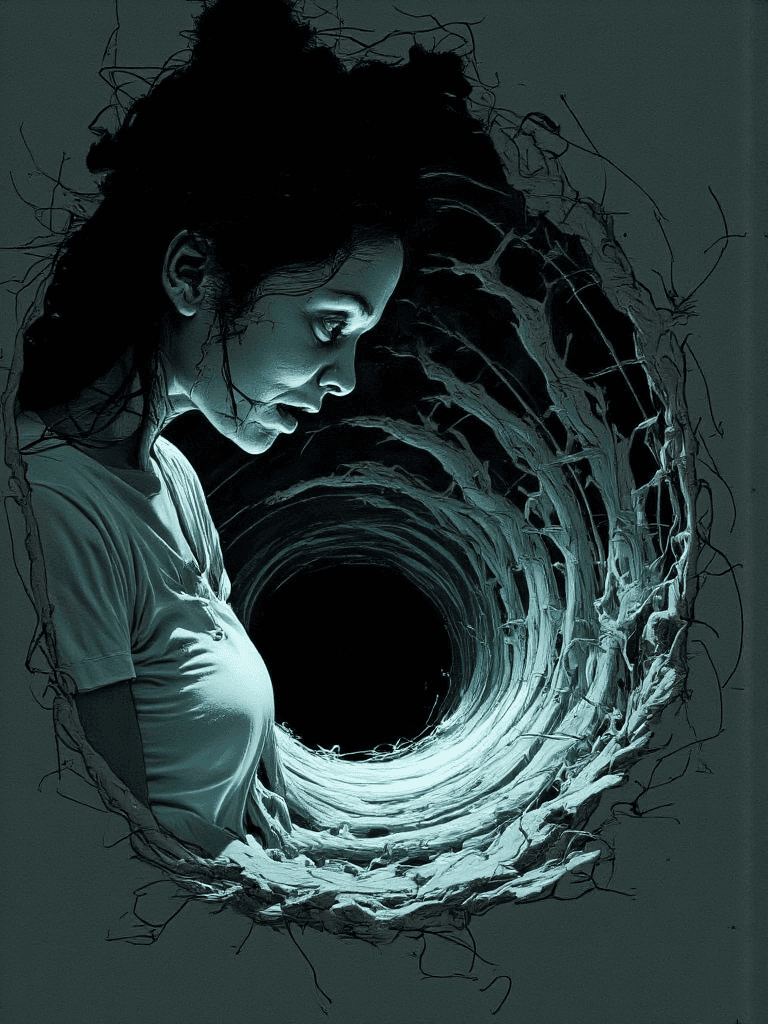 FLUX prompt: A terrified woman stares downward at a void in the... - FLUX