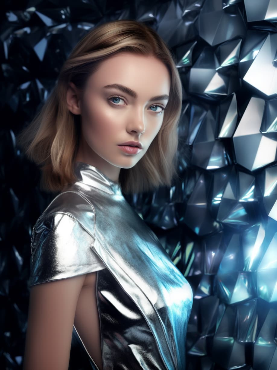 Midjourney prompt: a woman in a silver dress posing for a picture, tr... - Midjourney