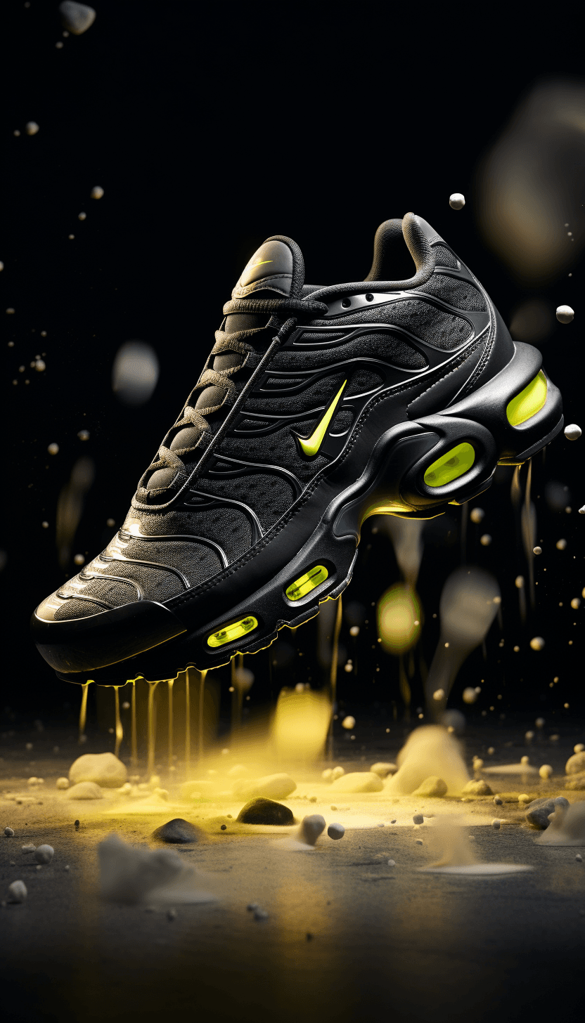 Midjourney prompt: amazing ad for air max plus black with bright phos... - Midjourney