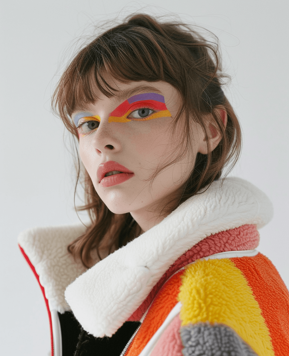 Midjourney prompt: A model with brown hair and bangs, wearing colorfu... - Midjourney