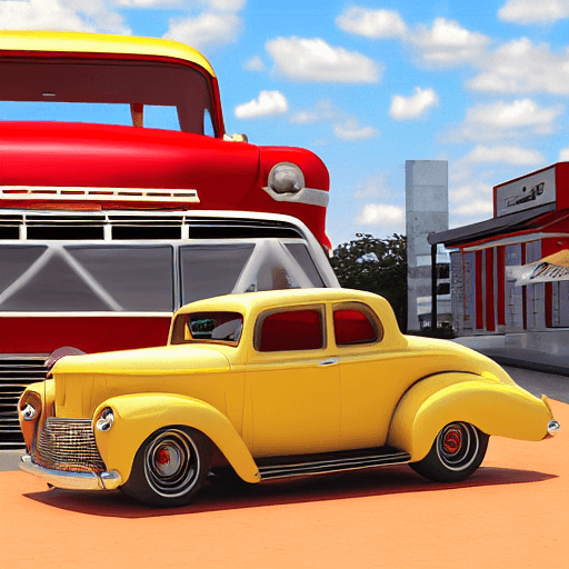 Stable Diffusion prompt: Old hot rod, with a backgound of an American diner... - Stable Diffusion