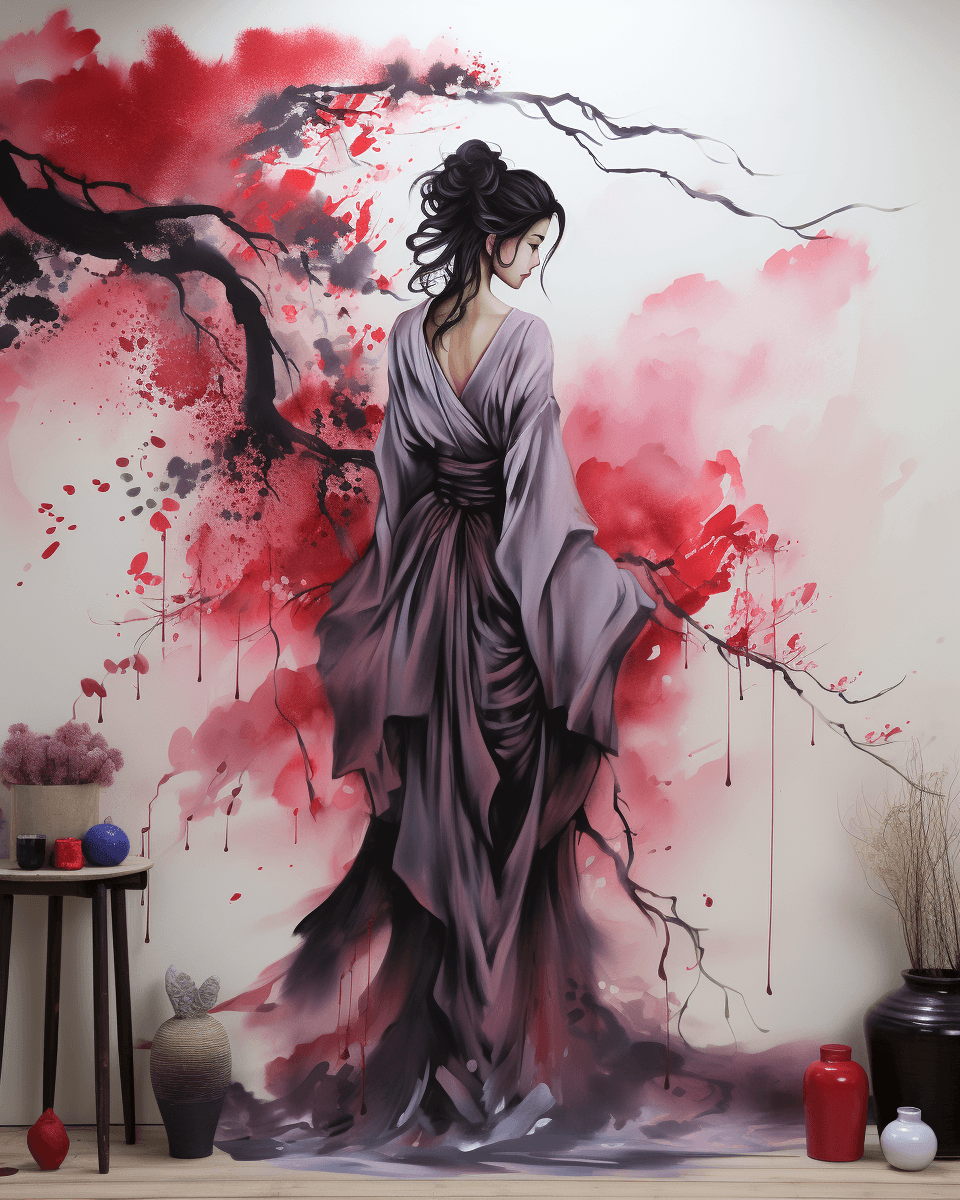 Midjourney prompt: geisha woman in ink on white matte vinyl wall stic... - Midjourney