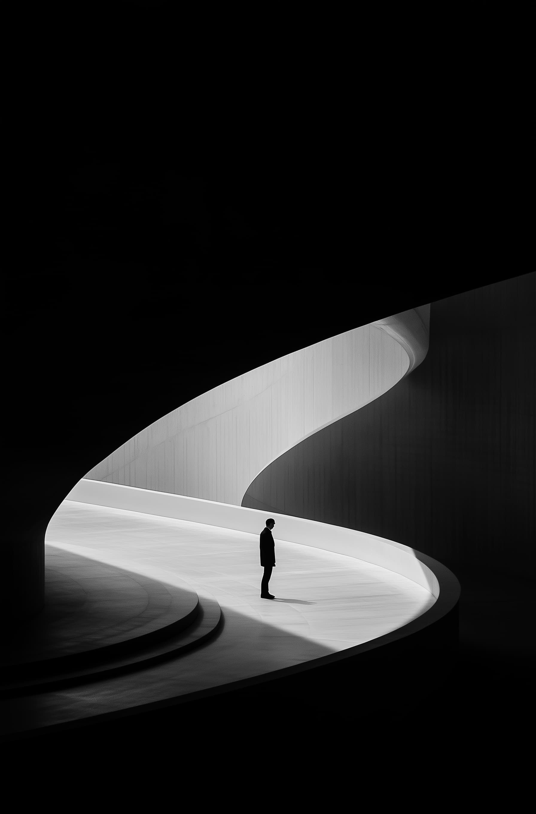Midjourney prompt: A man walking in the center of an infinite white c... - Midjourney