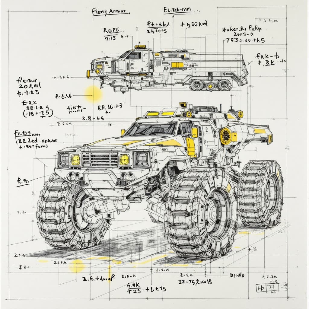 FLUX prompt: sketches blueprint of heavy armour storm chaser pi... - FLUX