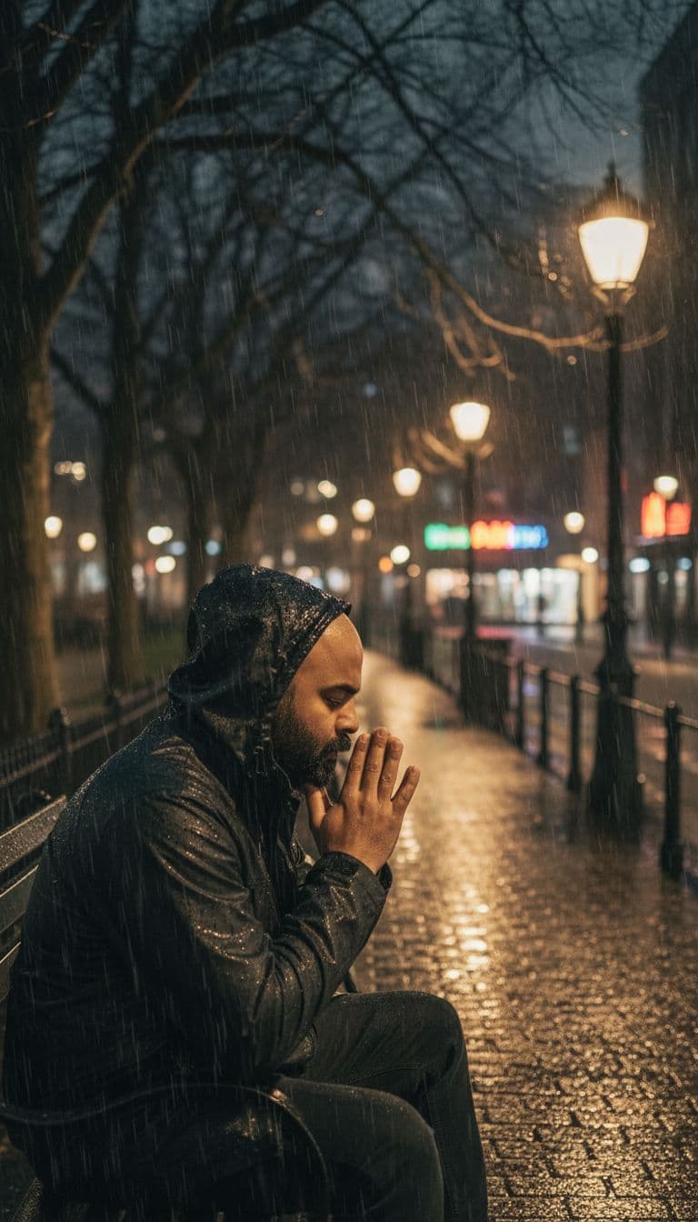 Nano Banana prompt: A solitary man sitting on a park bench at night du... - Nano Banana