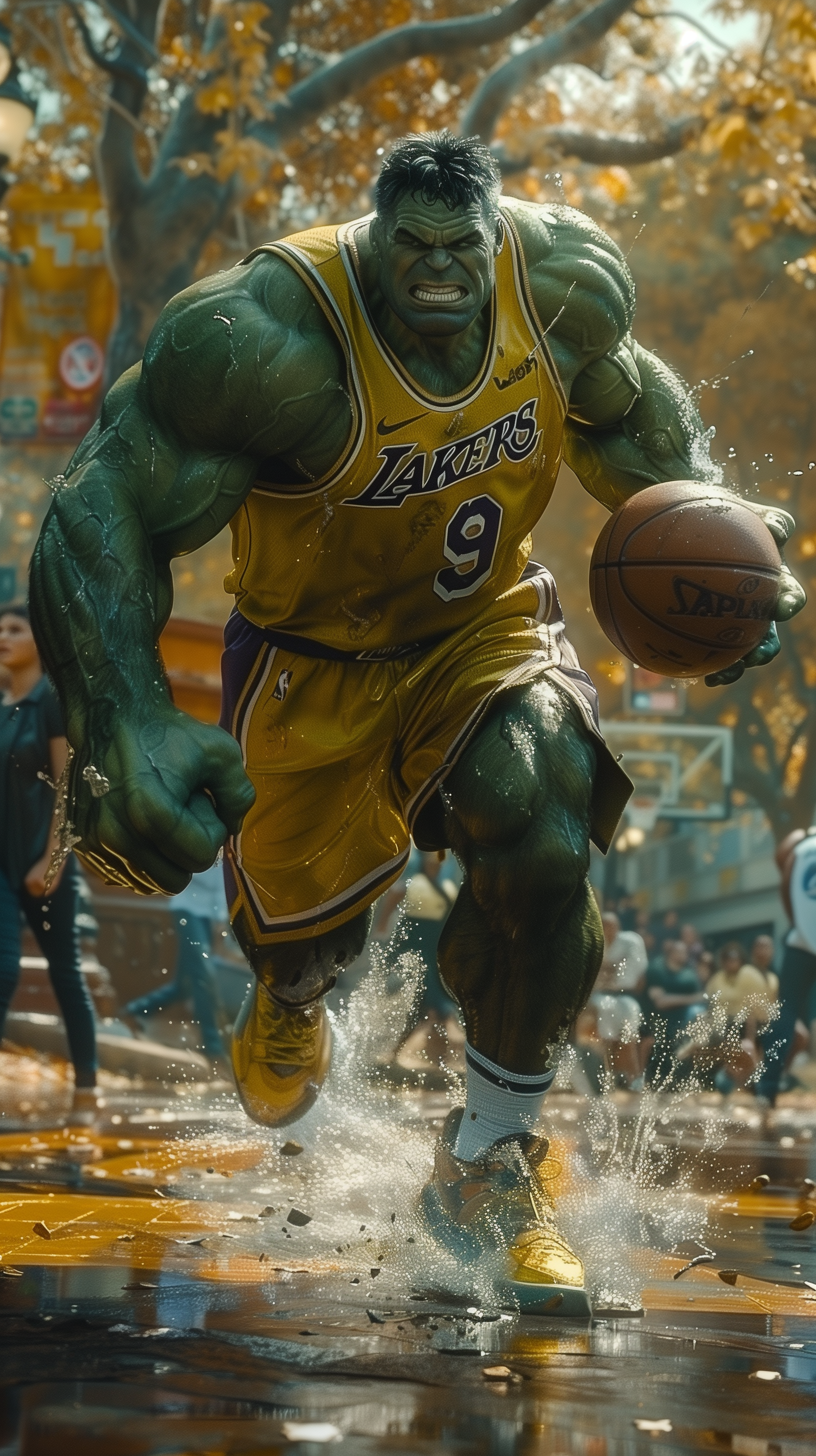 Midjourney prompt: Marvel's Hulk playing basketball, he is jumping ... - Midjourney