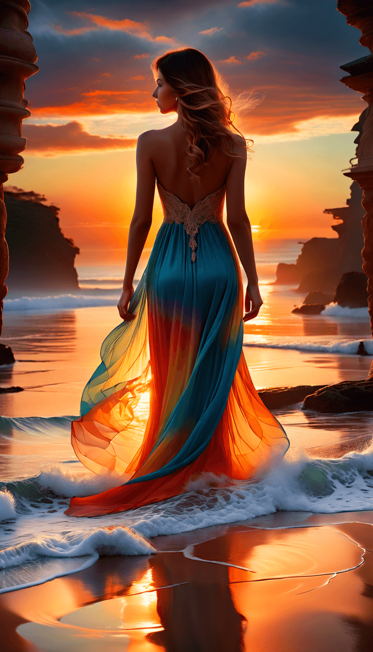 Stable Diffusion prompt: The image features a woman standing in the beach, ... - Stable Diffusion