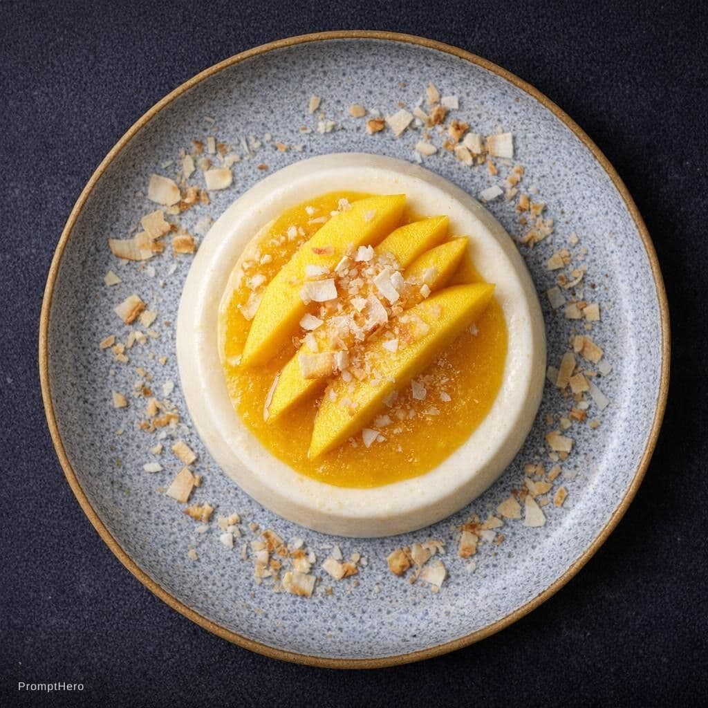 Hero prompt: top-view capture of an exquisite mango and coconut... - Hero