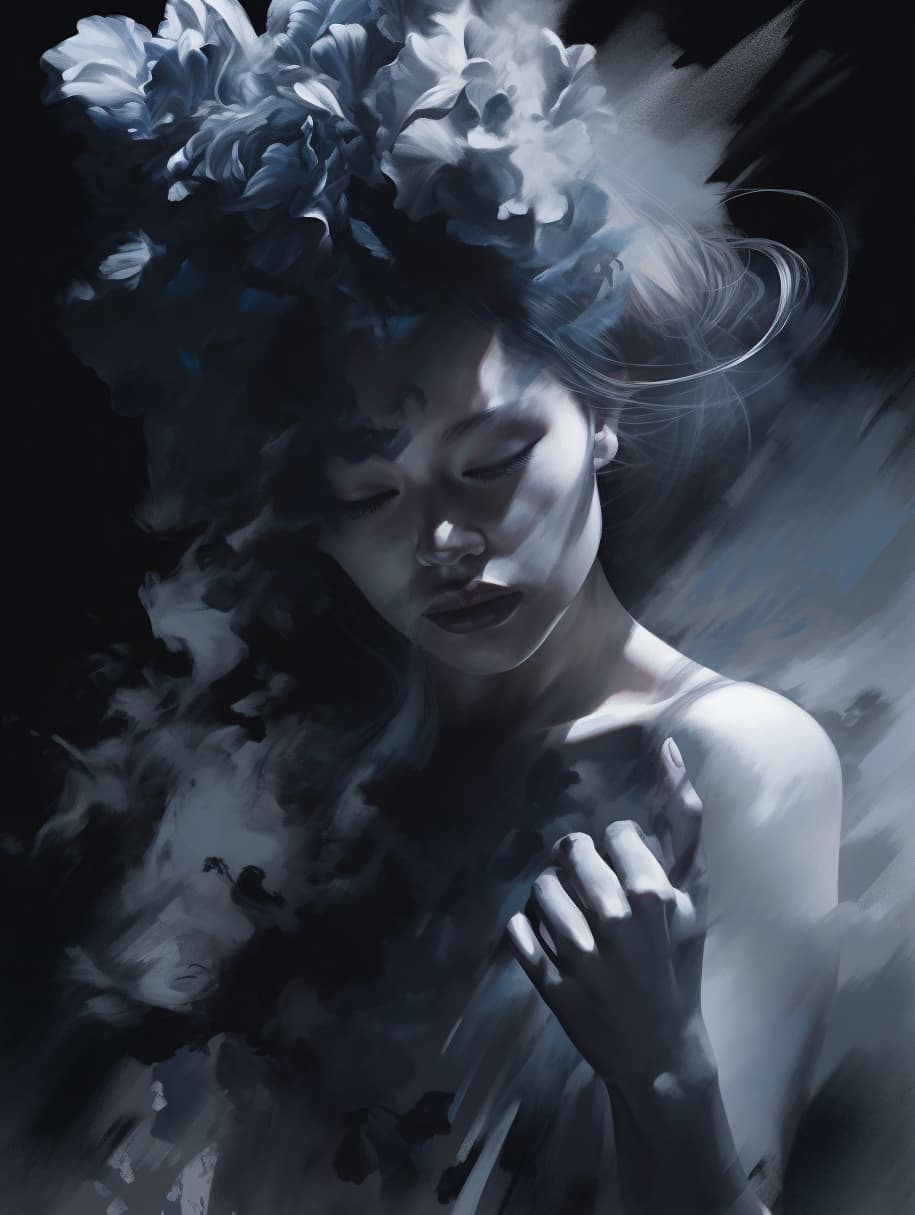 Midjourney prompt: 3 d, white and black smoke, sun rays, confident fa... - Midjourney