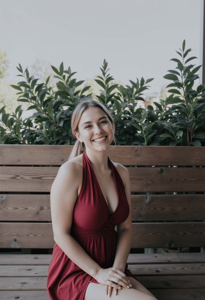 FLUX prompt: A young woman is seated on a wooden bench. She's w... - FLUX