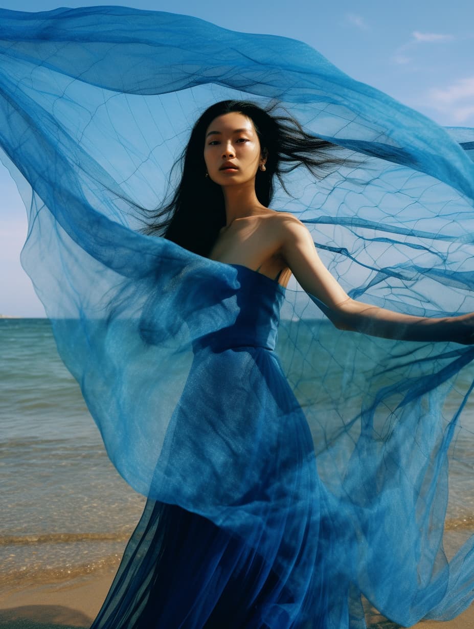 Midjourney prompt: a woman in a blue dress on the beach, in style of ... - Midjourney