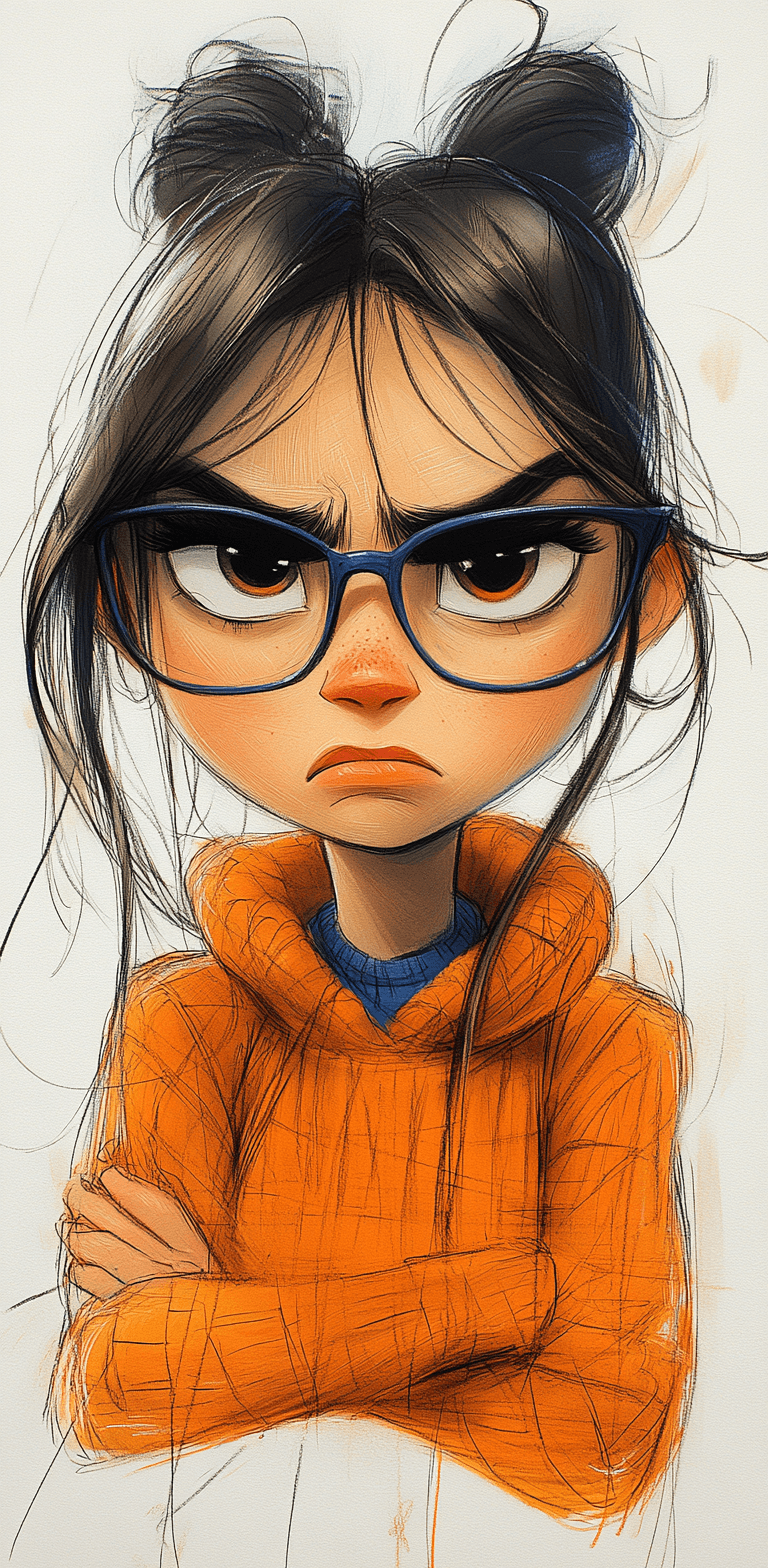 Midjourney prompt: Cartoon sketch of an angry girl with glasses, whit... - Midjourney