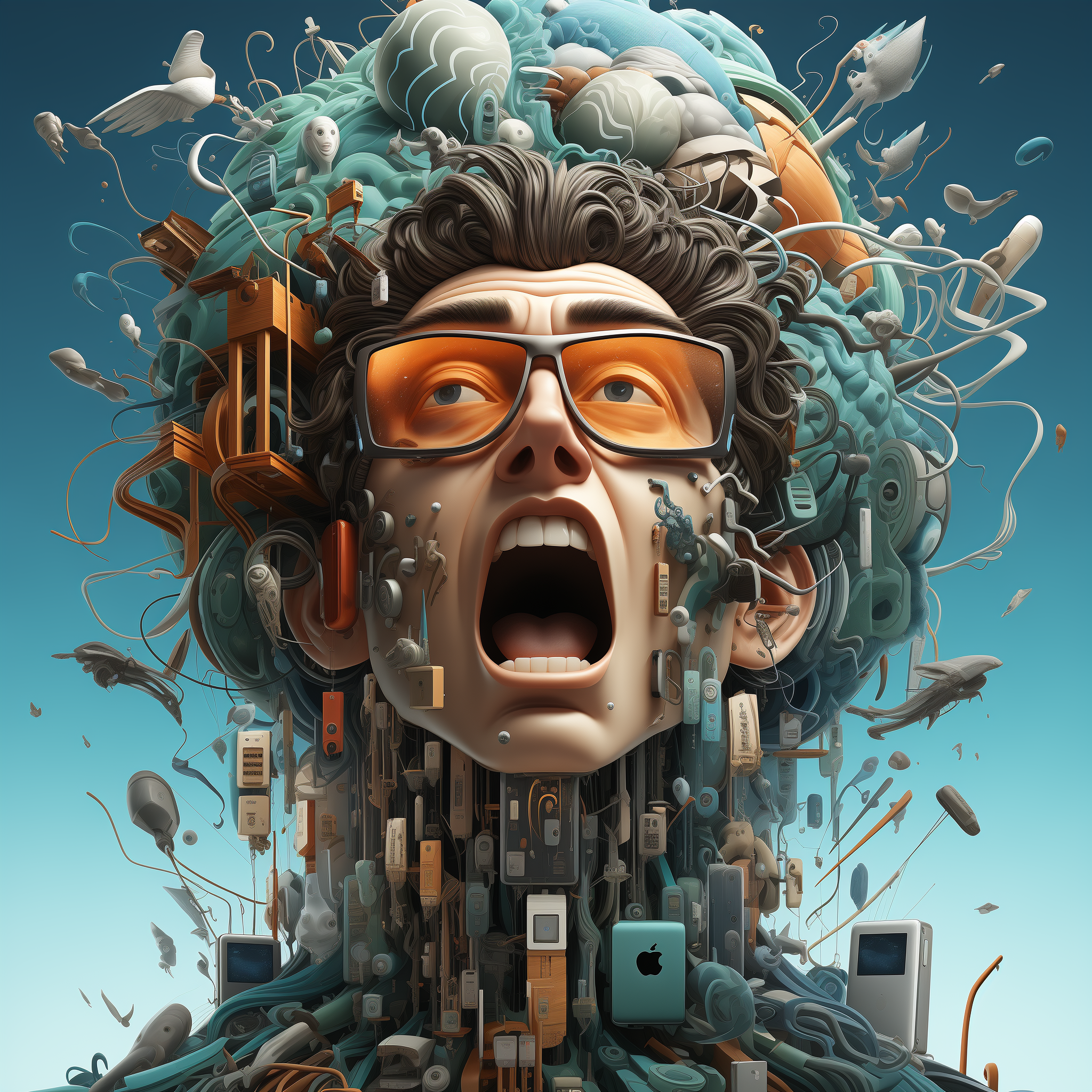 Midjourney prompt: man with a Futuristic iPhone fused to his brain, f... - Midjourney