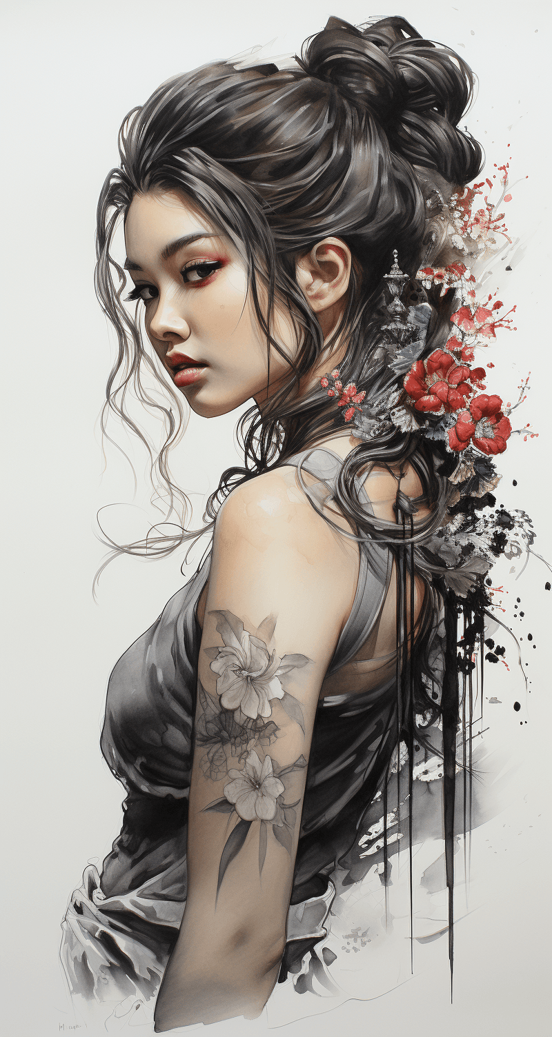 Midjourney prompt: Japanese ink drawing of a stunning Japanese woman,... - Midjourney