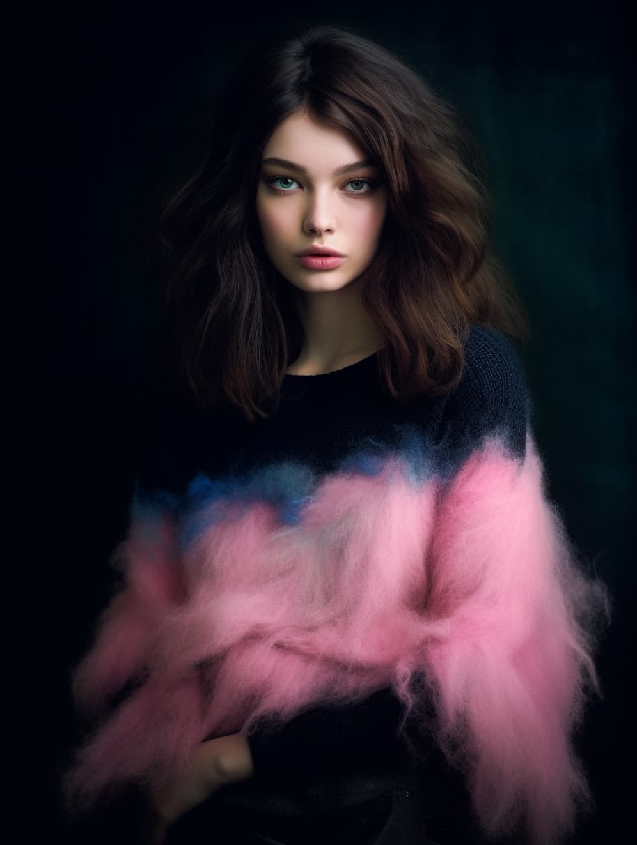 Midjourney prompt: a woman in a pink sweater and black skirt, a portr... - Midjourney
