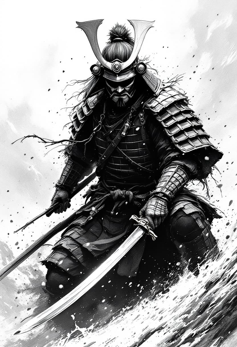 FLUX prompt: black and white image of a samurai who is determin... - FLUX