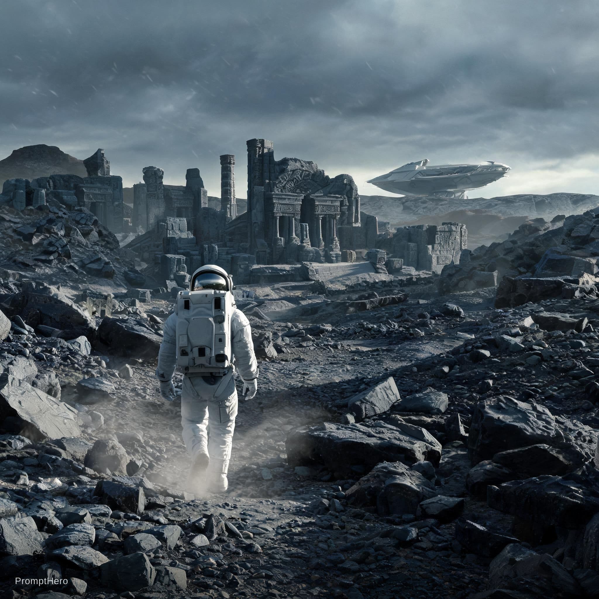 Hero prompt: A lone astronaut in a bulky white suit walking acr... - Hero