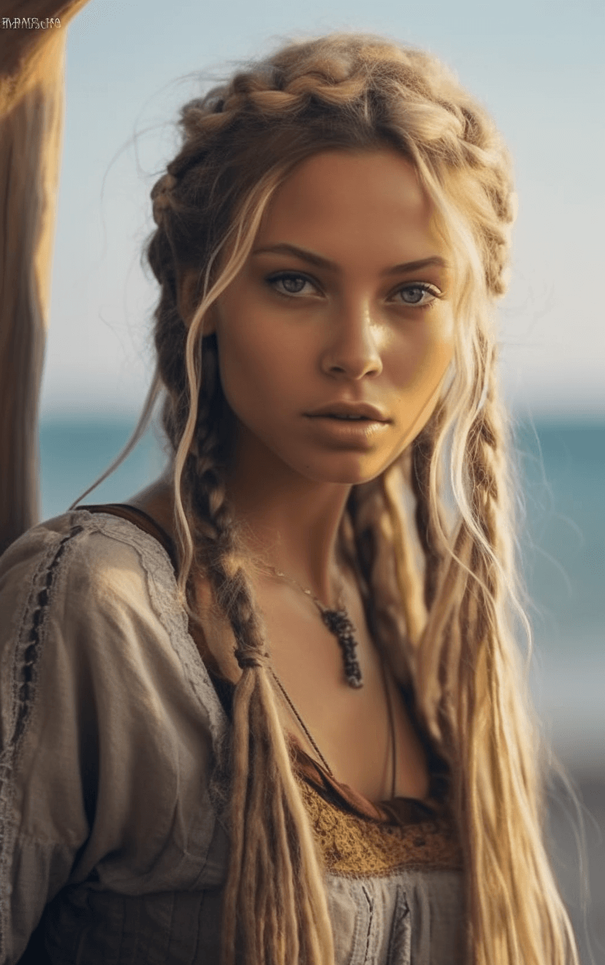 Midjourney prompt: A hippie woman with beautifully braided hair. natu... - Midjourney