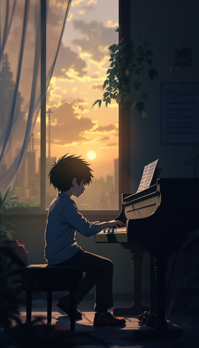 FLUX prompt: anime, boy, introvert, piano, academia, dark acade... - FLUX