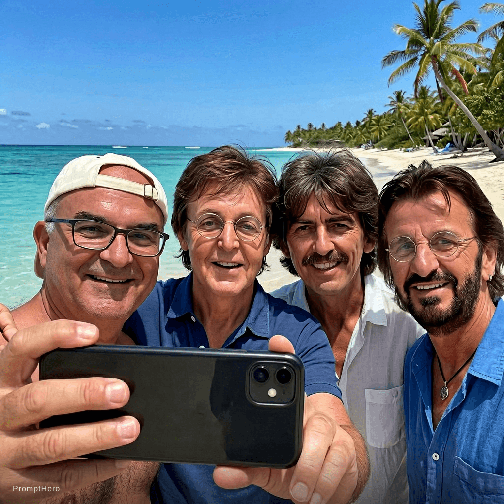 Nano Banana prompt: with the beatles at a tropical beach, sunny day, b... - Nano Banana