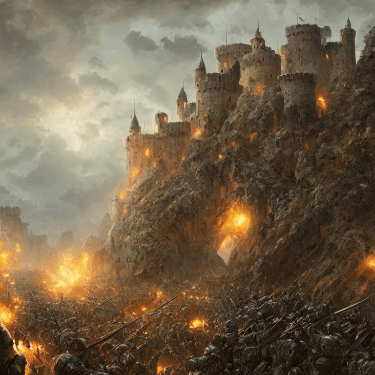Stable Diffusion prompt: army defending stone bridge of a castle from a lar... - Stable Diffusion