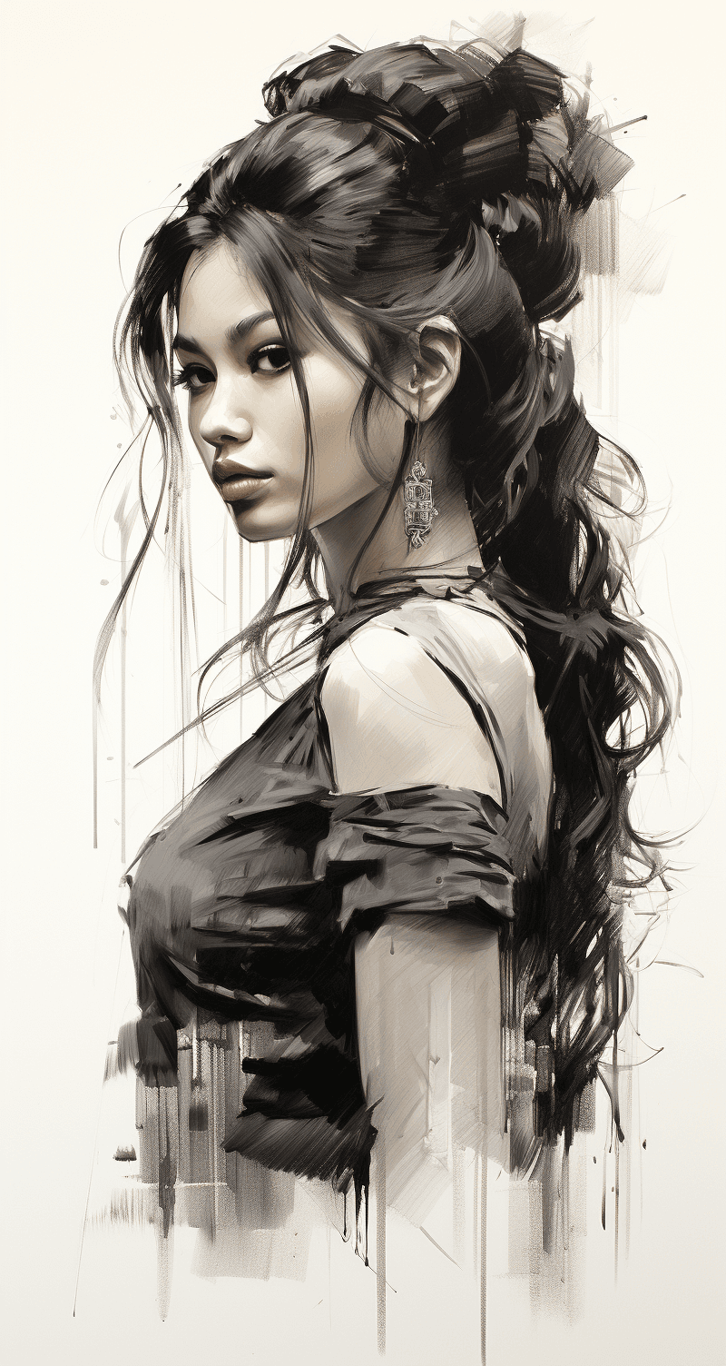 Midjourney prompt: a black and white charcoal drawing of a beautiful ... - Midjourney