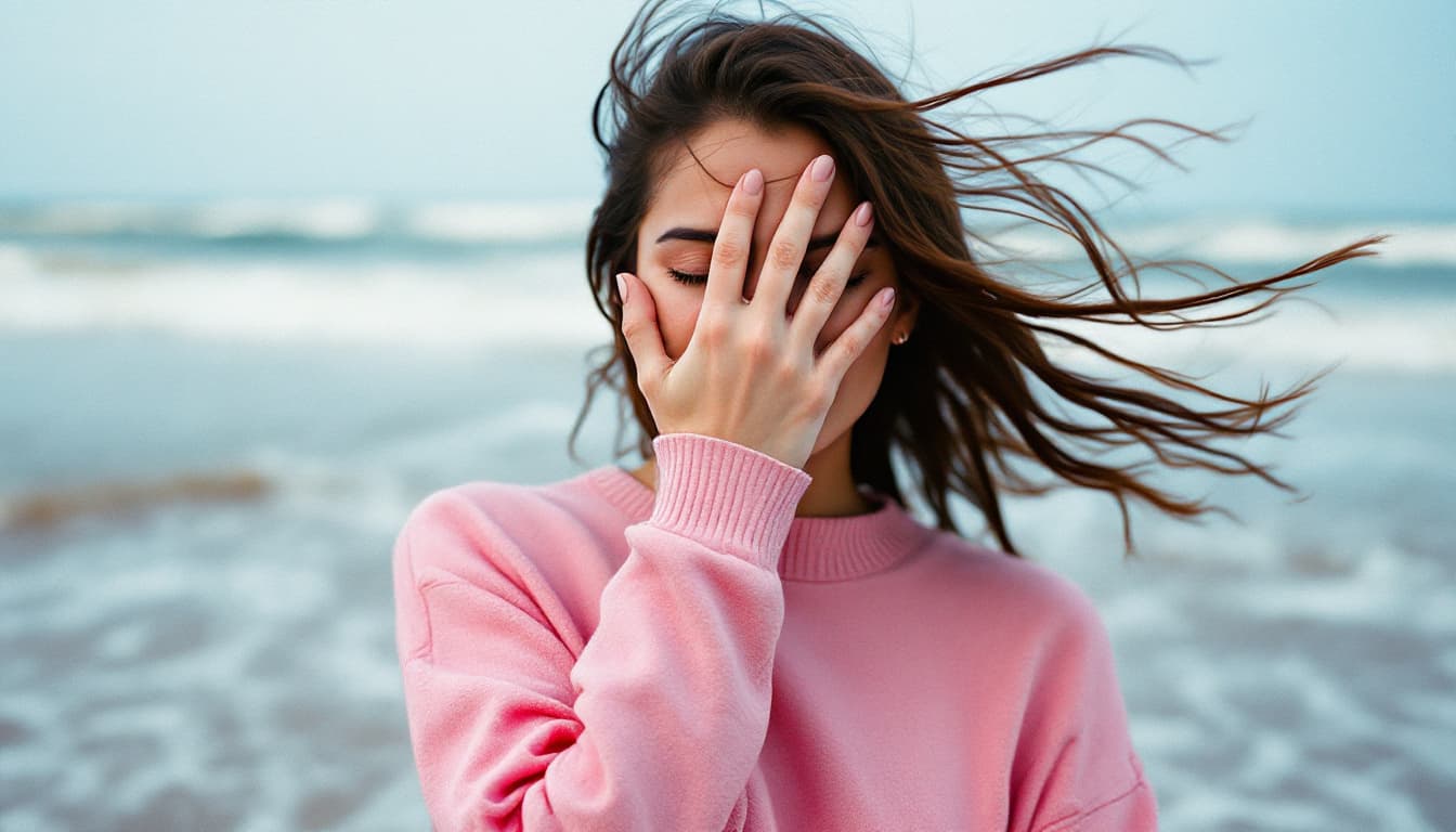 FLUX prompt: A woman in a pink sweater covers her eyes with o... - FLUX