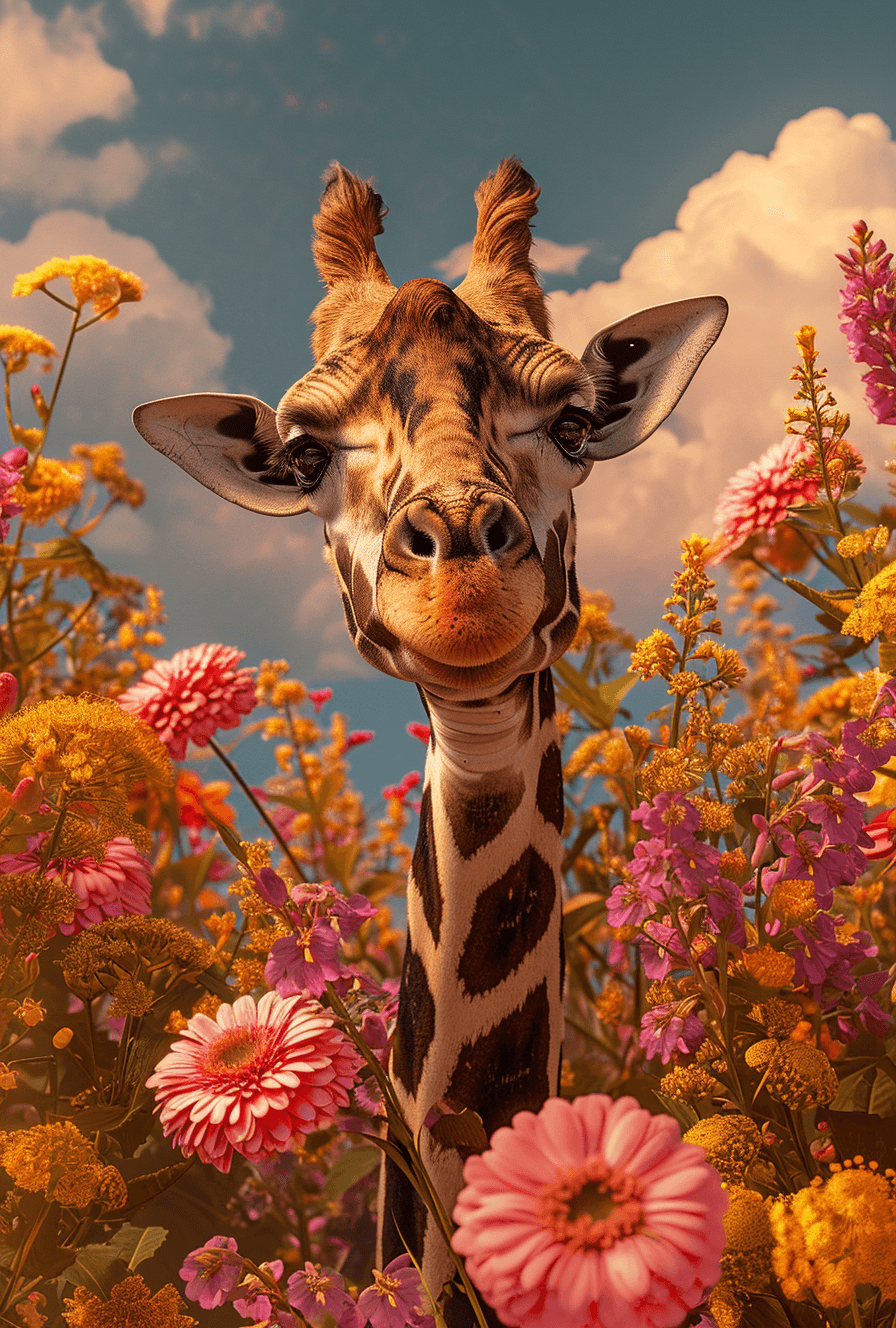 Midjourney prompt: giraffe in flowers by artist arne thun, in the sty... - Midjourney