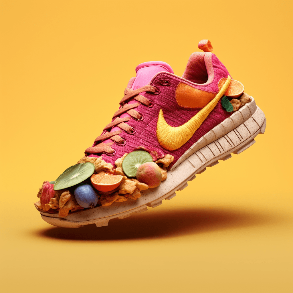 Midjourney prompt: pair of shoes made of dried fruit skins, 3d render... - Midjourney