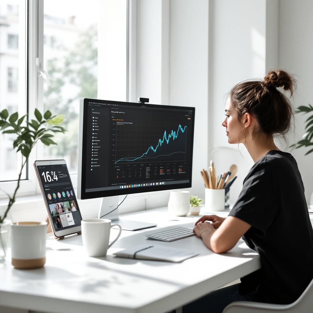 FLUX prompt: minimalist workspace, focused designer woman at a ... - FLUX