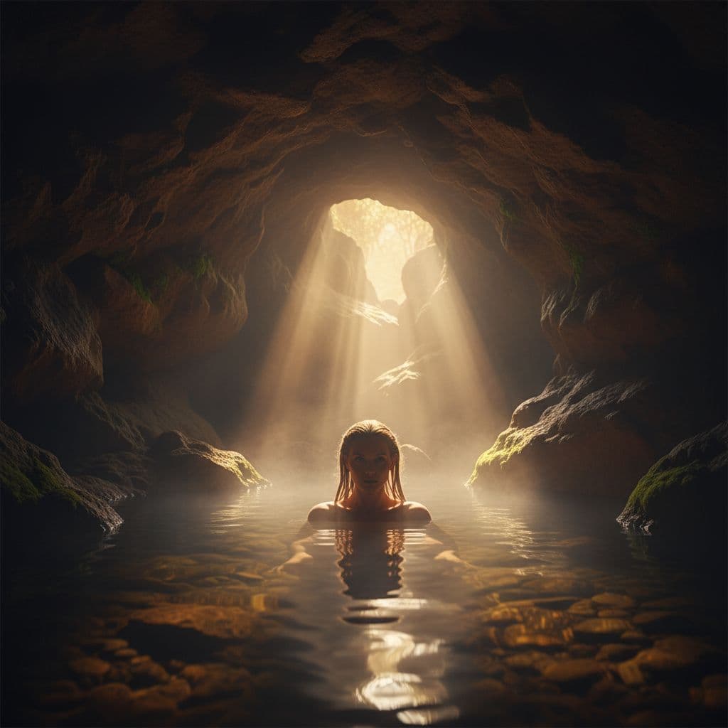 Nano Banana prompt: hot spring inside a dimly lit cave, steam rises fr... - Nano Banana